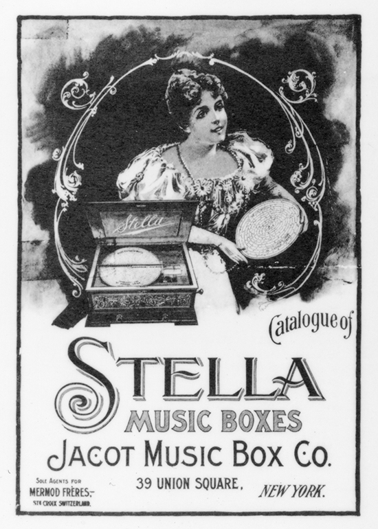 amerikanische Reklame für eine Stella-Plattenspieldose der Firma Mermod Frères, Ste-Croix