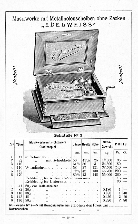 Katalog mit Edelweiss-Plattenmusikdose der Firma Thorens Ste-Croix