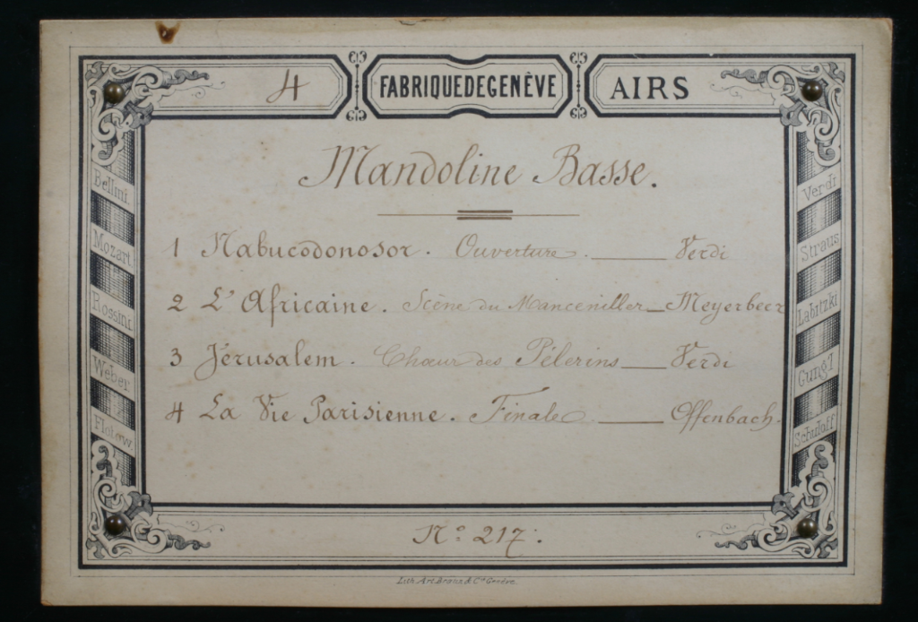 Programme, Boîte à musique, Mandoline Basse, 4 mélodies, B. Troll Fils, Genève vers 1875