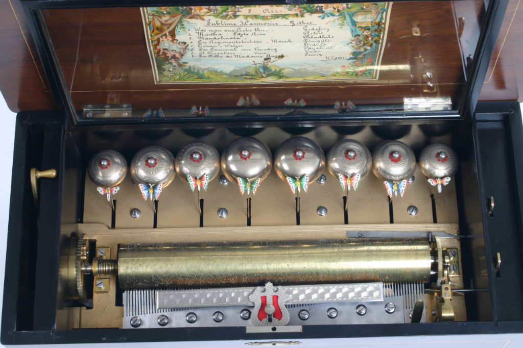 Boîte à musique Harmonie Zither ouverte, 8 mélodies, Karrer, Teufenthal vers 1890