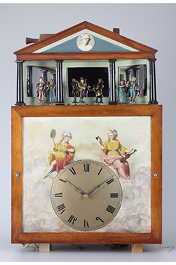 Horloge de plancher avec jeu de flûtes et automate à figurine, vue de l'intérieur