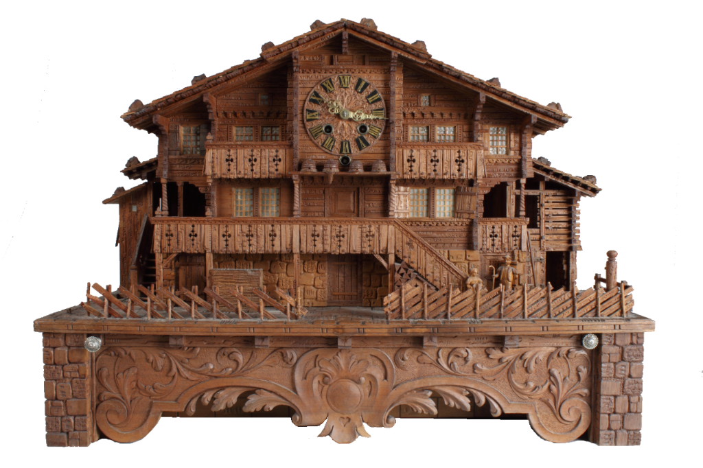 Chalet mit Uhr und Musikwerk. Schweiz um 1900.