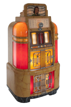 Rock-Ola Super Luxury Lightup, Jukebox für Schellackplatten, seltene Spezialausführung mit Mikrophon und Aufbau, Rock-Ola Manufacturing Corporation Chicago, USA 1941. 20 Schellackplatten mit 20 Wahlmöglichkeiten